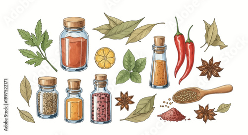 Culinary spices and herbs collection illustration featuring red chili peppers, star anise, bay leaves, parsley, lemon slice, and glass jars with ground seasonings and whole seeds.