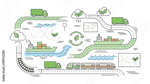 Sustainable Logistics: An illustration showcases an eco-friendly transport network, highlighting various modes of transport in a circular system.