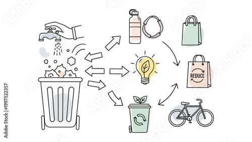 Eco-friendly Illustration: A hand turns off a faucet, a trash bin overflowing, with recycling and reusing concepts depicted in a detailed illustration.