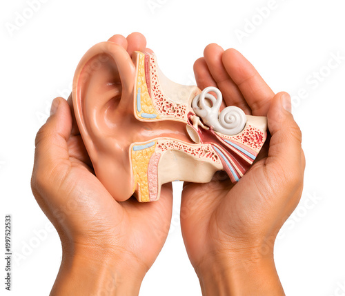 Hands Holding Human Ear Model – Hearing Health and Audiology Concept Anatomy – Audiology, ENT and Healthcare Concept
