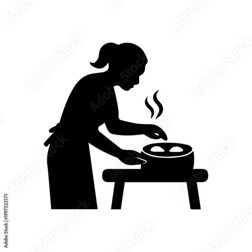 Female chef silhouette preparing food in a frying pan on a stove with smoke rising