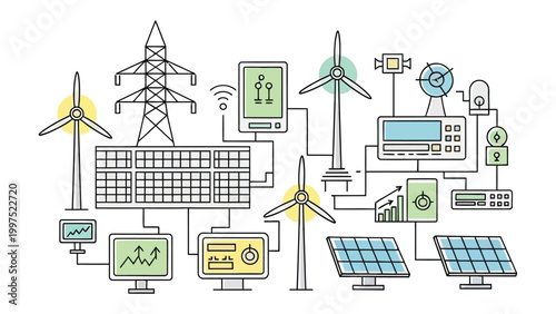 Sustainable Power Network: A visual depiction of a smart and eco-friendly power grid. It displays the seamless integration of solar panels, wind turbines, and advanced technology.