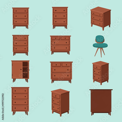 Collection of wooden furniture icons featuring various brown dressers, nightstands, bedside tables, a cabinet with open shelves, and a teal mid-century chair on blue background.