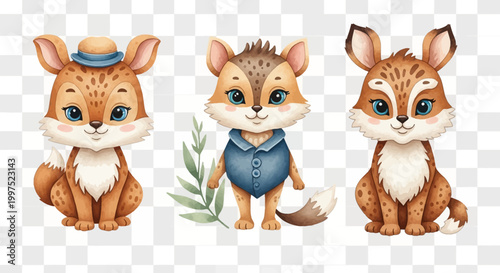 Watercolor illustration set of three cute stylized forest animals with brown spotted fur and large blue eyes, including one with a blue hat and one wearing a blue shirt.