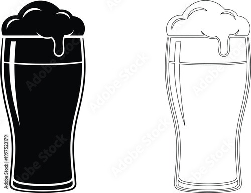 Vector beer glasses black silhouette and outline illustration for design