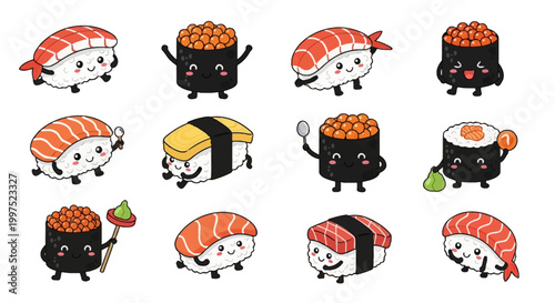 Set of twelve cute kawaii sushi vector characters including salmon nigiri, shrimp, tuna, ikura gunkan maki, and tamago with happy facial expressions isolated on a white background.