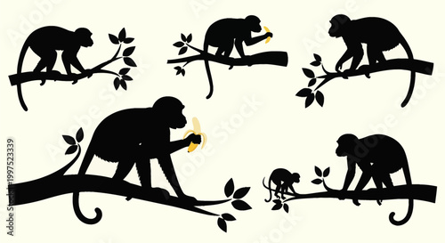 Set of black monkey silhouettes perched on tree branches with yellow bananas, featuring various poses of primates in a minimalist flat vector style on a light background.