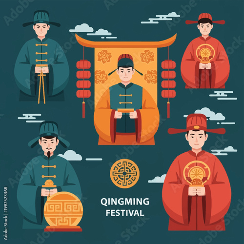 Flat vector illustration for Qingming Festival featuring five men in traditional Chinese robes and official hats holding incense and symbolic items against a dark background.
