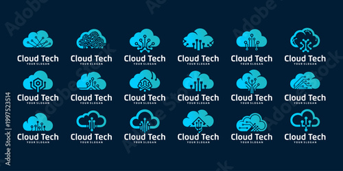 Cloud tech logo designs representing advanced technology, digital network systems, and cloud innovation