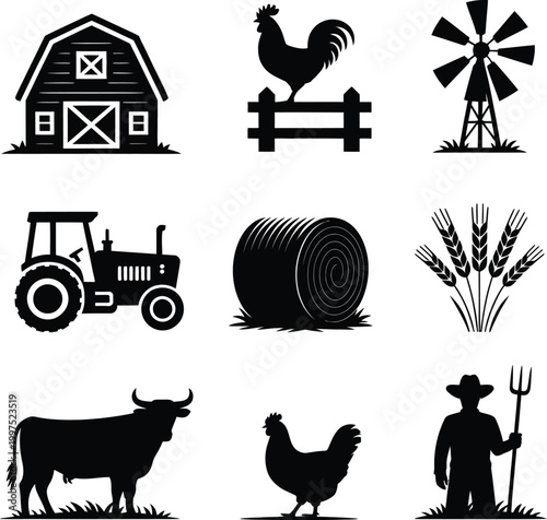 Farm barn tractor windmill cow rooster hen wheat and farmer