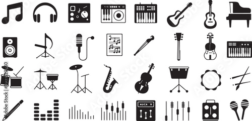 Set of hand drawn black ink music icons including guitars headphones microphones speakers drums and vinyl records design elements doodles isolated on Black and White Music Equipment Illustration