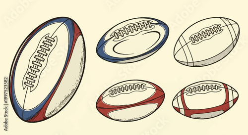 Vintage hand-drawn collection of rugby and American football balls featuring stipple shading, ink linework, and retro color palettes of navy blue, red, and cream on a light background.