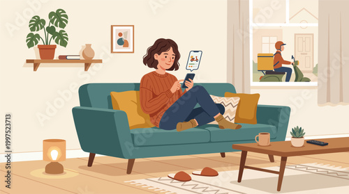 Woman sitting on couch in living room with laptop and phone on coffee table