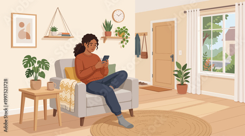 Woman sitting relaxed on a couch in a cozy living room interior with plants