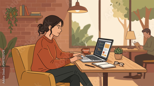 Woman sitting at a table working on a laptop in a cozy indoor environment with plants