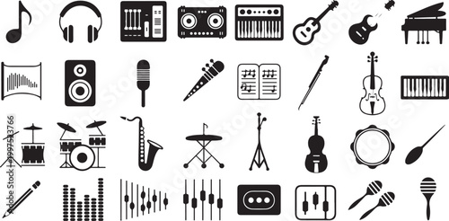 Set of hand drawn black ink music icons including guitars headphones microphones speakers drums and vinyl records design elements doodles isolated on Black and White Music Equipment Illustration