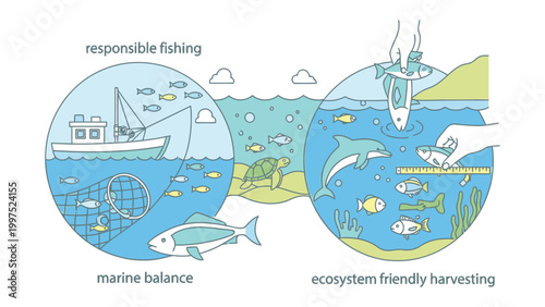 Sustainable Fishing Practices: An illustrated representation of responsible fishing. Balancing marine ecosystem and encouraging harvesting with a view to protecting marine life