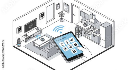 Isometric Smart Home Automation Concept with Hand Holding Tablet Controlling Connected Devices and Security Systems via IoT App