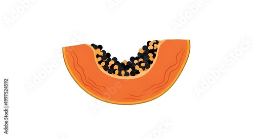 A slice of aging papaya with wrinkled orange flesh and prominent black seeds, isolated on a plain background.