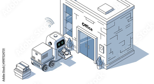 Isometric Autonomous Delivery Robot Delivering Food to Office Building Entrance - Smart City Automation and Last Mile Logistics Concept Illustration