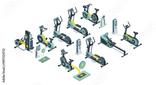 Isometric Eco-Friendly Gym Equipment for Renewable Energy Generation: Green Fitness Concept with Stationary Bikes and Ellipticals