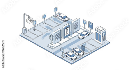 Smart Parking Lot Isometric Illustration with Automated Vehicle Management and Digital Information Displays