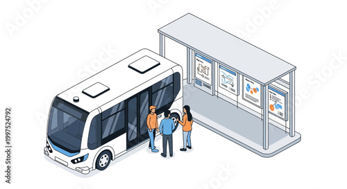 Isometric Autonomous Electric Shuttle Bus at Smart City Bus Stop with People. Vector Illustration of Self-Driving Public Transport and Future Urban Mobility Concept.