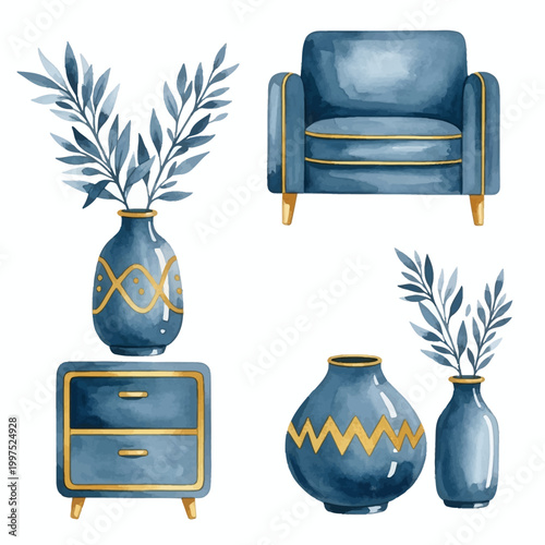 Watercolor collection of blue and gold home furniture and decor including a modern velvet armchair, nightstand with drawers, and three ceramic vases with blue leafy branches.