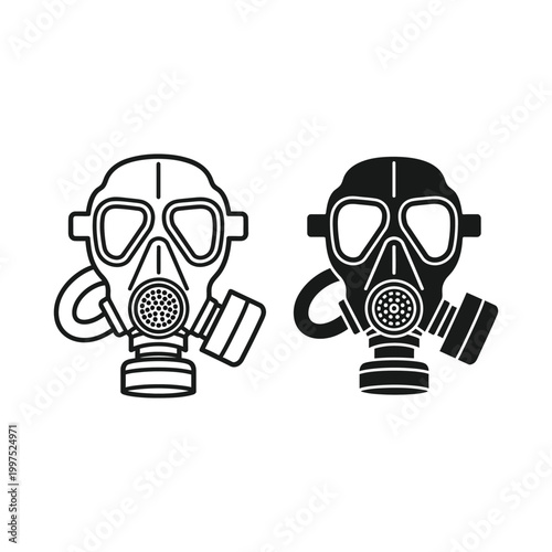 Gas mask icon set, vector illustration of protective equipment for chemical and biological safety, black and white style