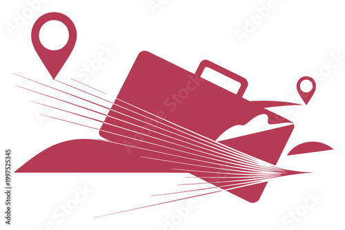 Vector illustration of a suitcase moving fast with motion lines and location map pins, representing travel, business trips, and logistics