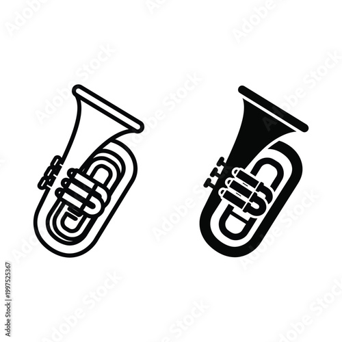 Tuba musical instrument icon set, vector illustration of brass wind instrument in outline and solid black style