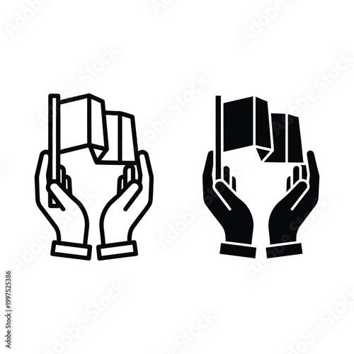 Two hands holding a flag, icon set, vector illustration of a flag being protected or supported by human hands