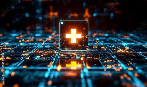 Digital circuit board with glowing plus sign and data streams.