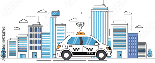 Smart taxi service in modern city with wireless connection vector illustration