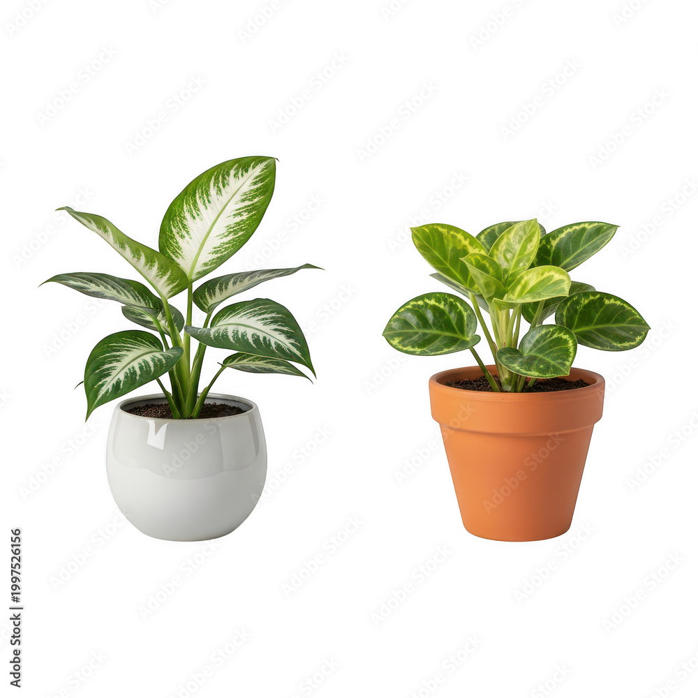 Fototapeta premium Two potted houseplants with green leaves on a table