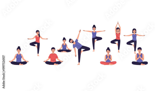 Group yoga meditation wellness lifestyle with people practicing poses flat vector illustration