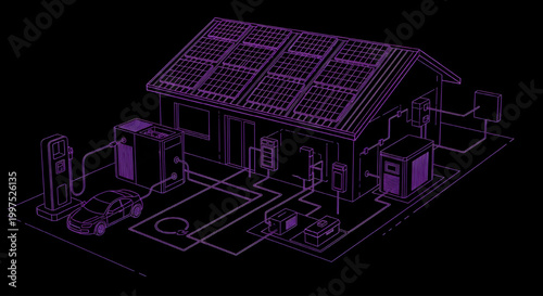 AutoCAD Solar EV Energy Systems Vector – Renewable Integration Blueprint Purple Outline on Black Background