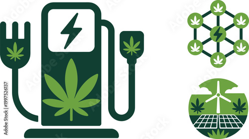Electric charging station with cannabis leaf and renewable energy symbols