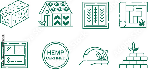 Hemp or cbd certified construction materials and sustainable building icons bundle
