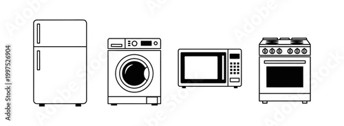 Collection of common household appliances including a refrigerator, washing machine, microwave, and oven, depicted in a line drawing