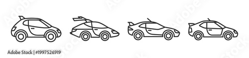 Modern minimalist line art illustrations of various car designs, featuring sporty and compact vehicles, suitable for diverse graphic design projects and automotive-themed digital assets
