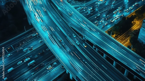 Urban highway intersection with traffic light trails at night