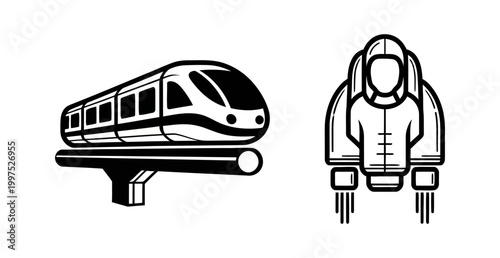 Modern Monorail and Futuristic Jetpack Iconography Representing Advanced Transportation and Personal Flight