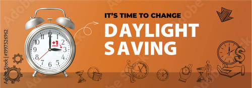 Daylight saving, change time clock, spring forward,  vector illustration, banner, hour