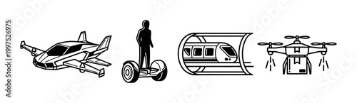 Innovative transportation and future mobility concepts illustrated with futuristic vehicle, personal transporter, modern train, and drone