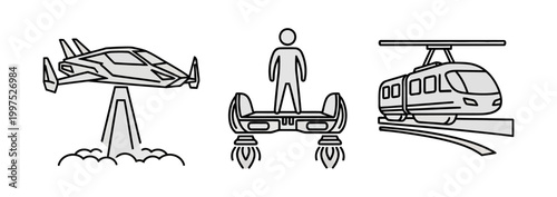 Futuristic transportation concepts hovering vehicles and advanced rail systems depicted in a minimalist line art style