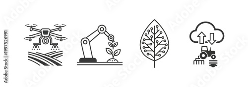 Modern agriculture technology icons Representing smart farming with drones, robotics, biotechnology, and cloud data systems for efficient and sustainable crop production