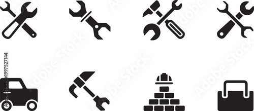 Industrial construction repair tool icon set with wrenches hammer truck hard hat brick wall and toolbox vector design.