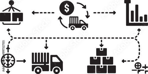 Logistics and supply chain management infographic icons featuring global shipping transport and distribution network Vector Illustration.