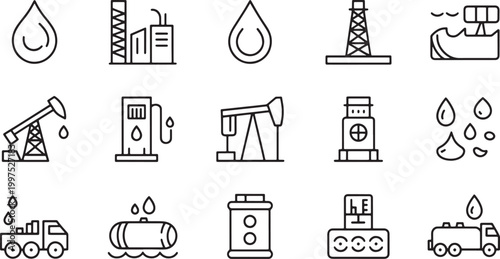 Oil and gas industry line icon set with refinery pump jack fuel station tank truck and energy symbols vector design.